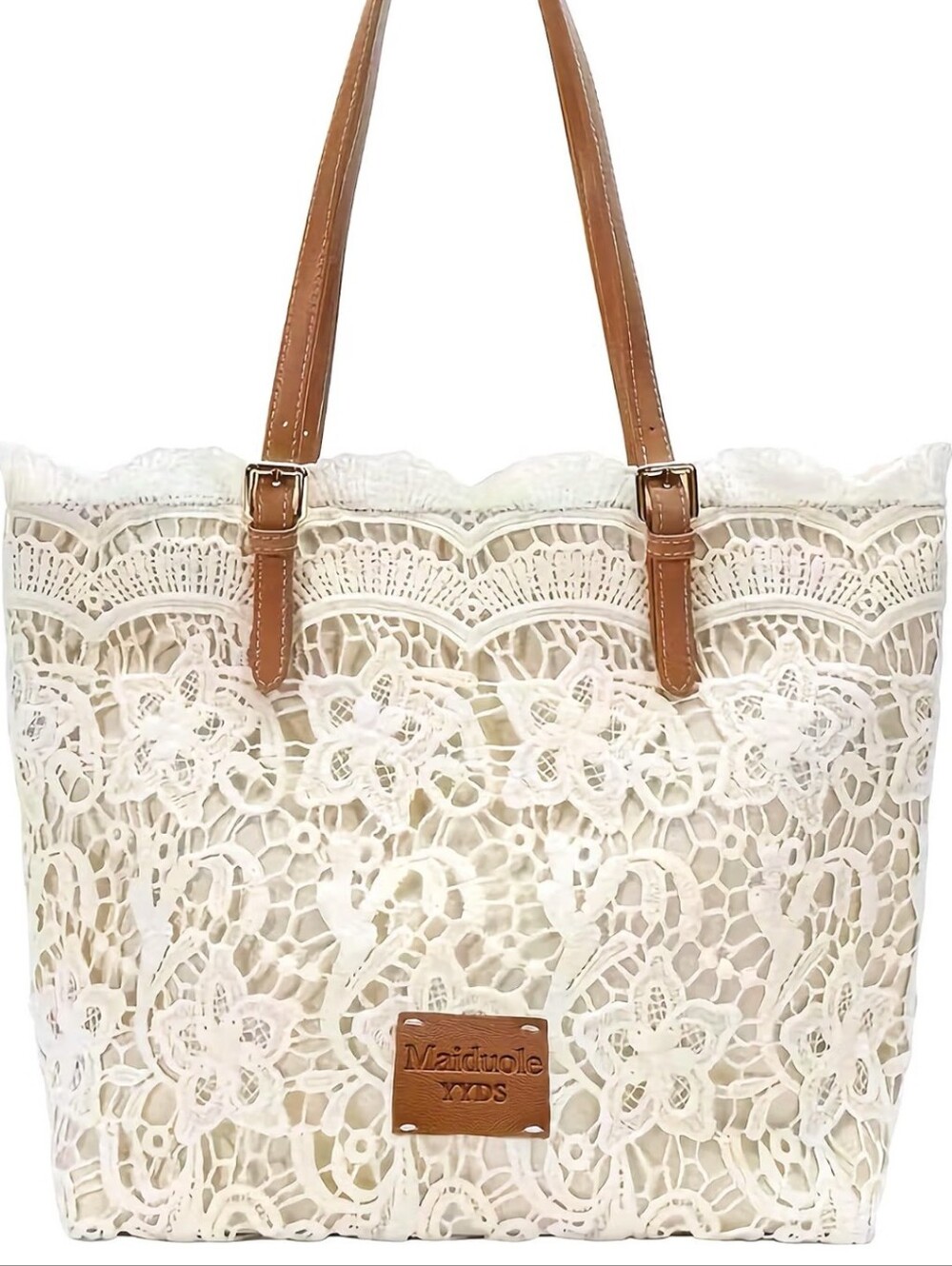 White Lace Tote with Brown Handles